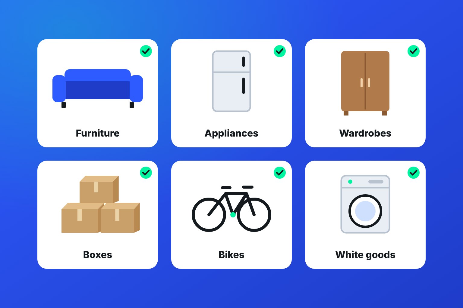 Items TheVanApp moves: furniture, appliances, wardrobes, boxes, bikes and white goods